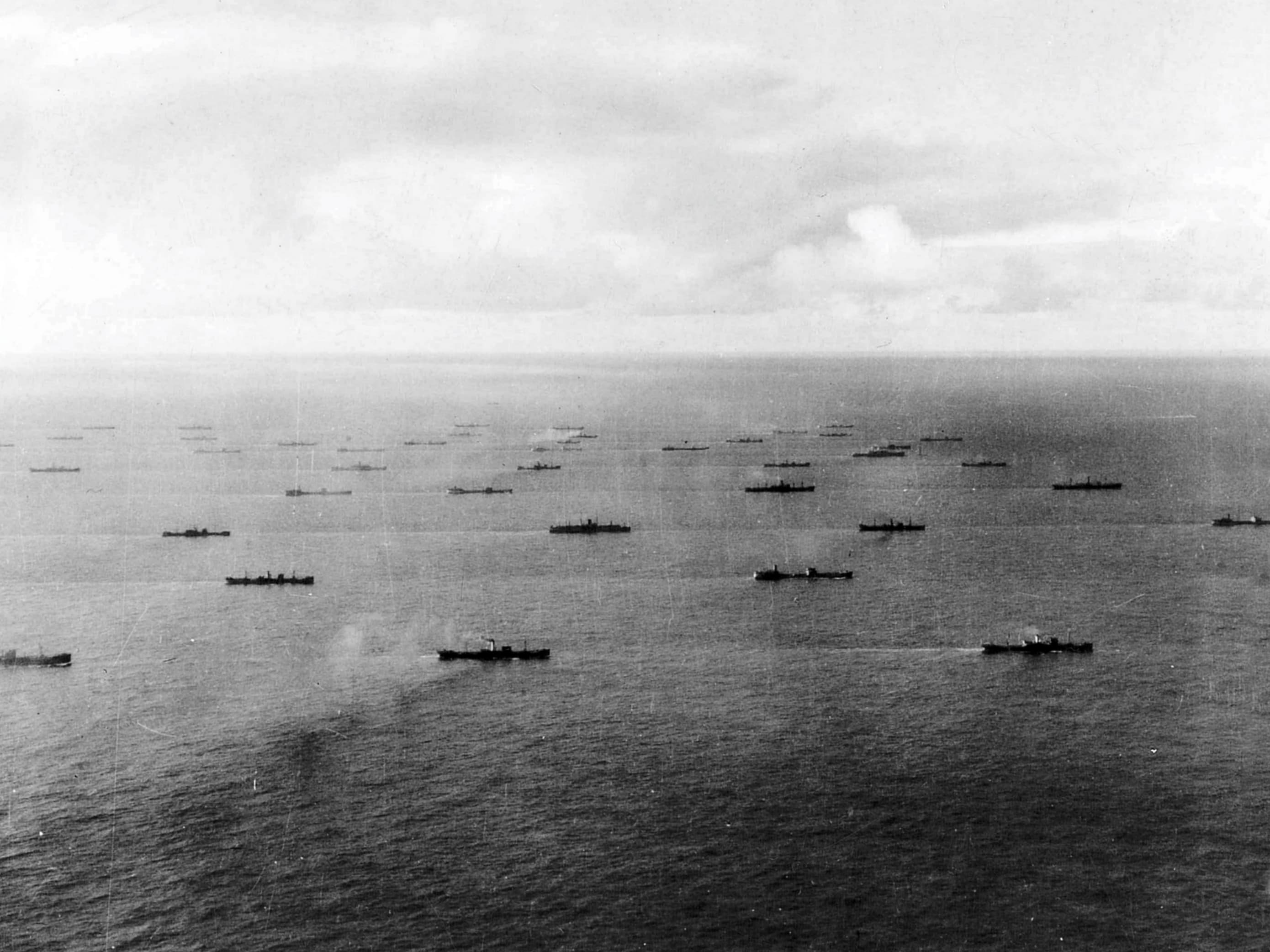 An Allied convoy underway in the Atlantic Ocean near Iceland, 1942