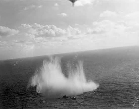 A German U-boat under aerial attack, photographed from an Allied aircraft