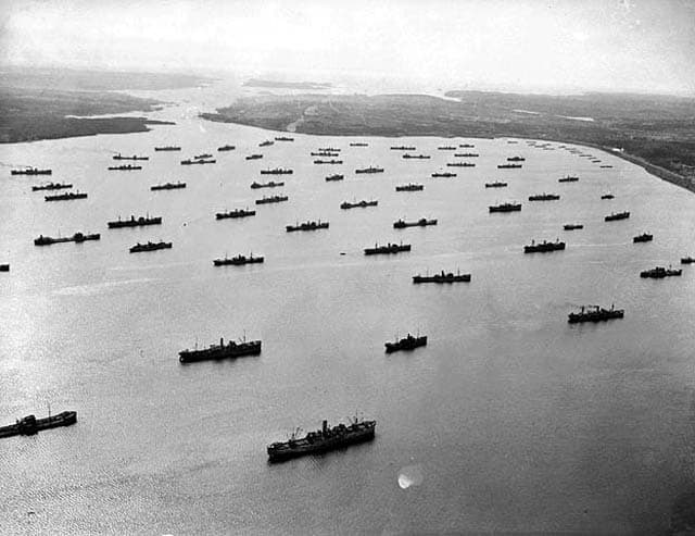 Merchant ships of an Atlantic convoy assembling in Bedford Basin, Halifax, Nova Scotia