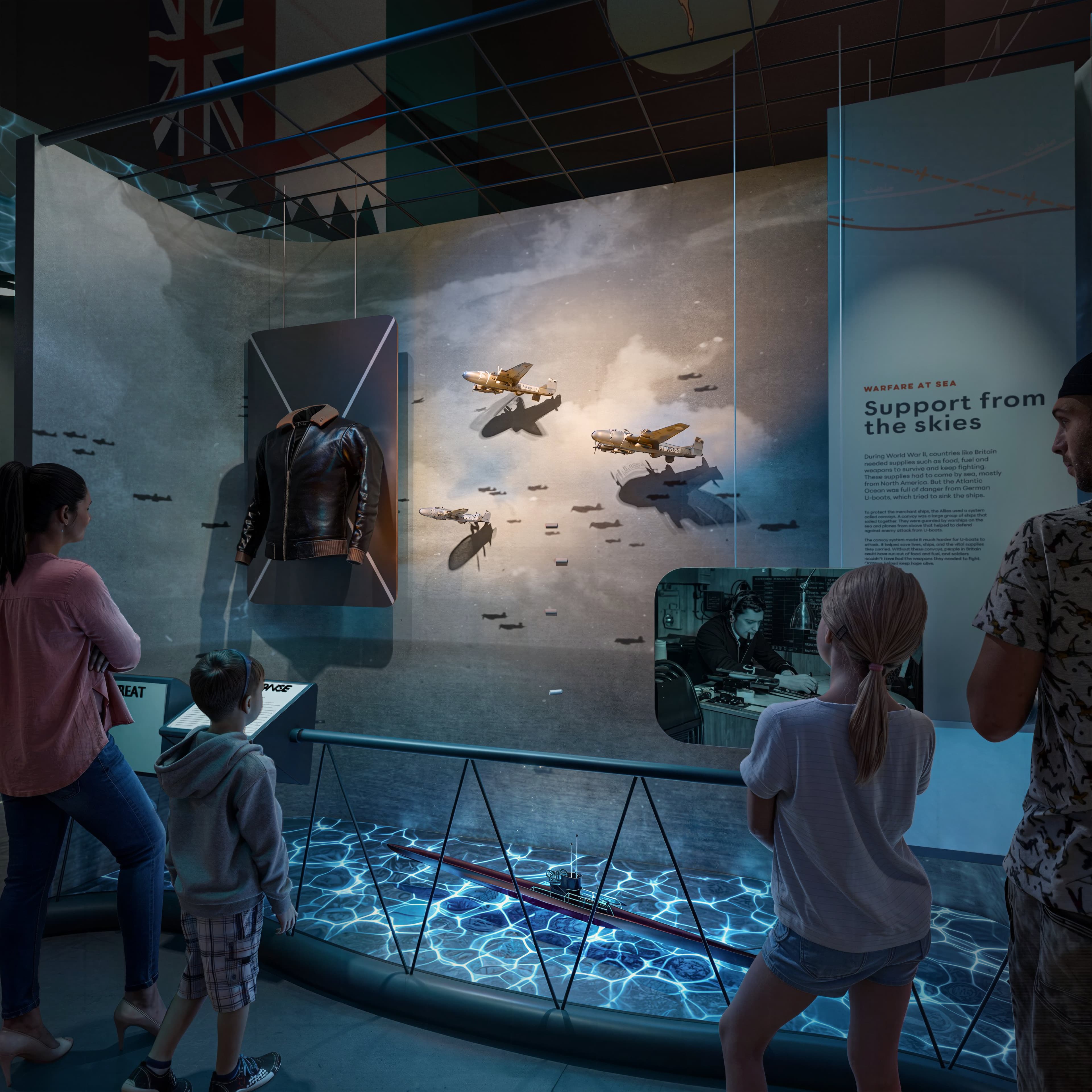 Support from the Skies - Warfare at Sea zone with aircraft models and immersive displays