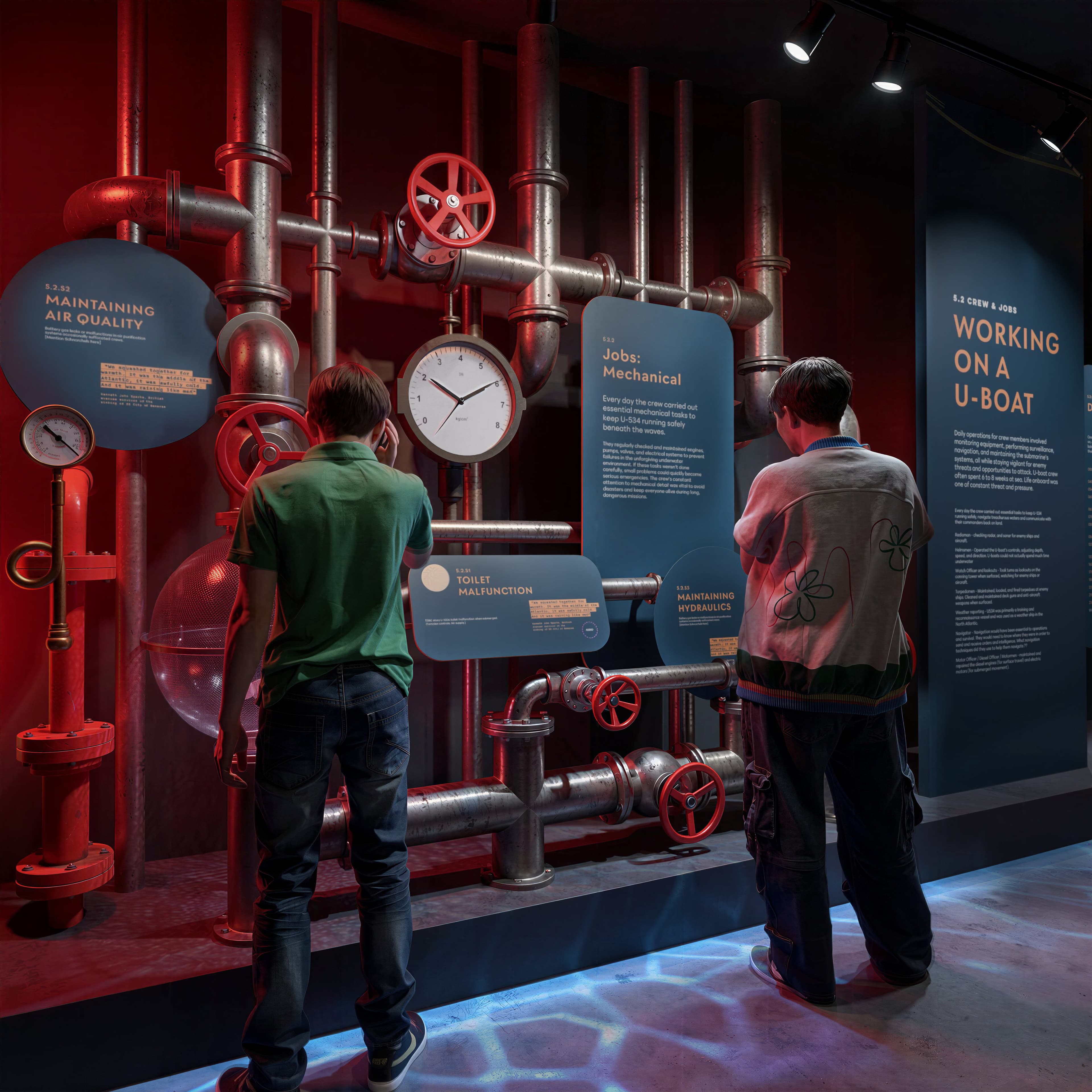 Working on a U-Boat - mechanical exhibits with pipes, valves and gauges recreating life below the waves